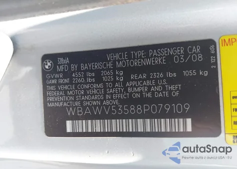 2008 BMW 328Xi z USA, uszkodzony, nr VIN WBAWV53588P079109